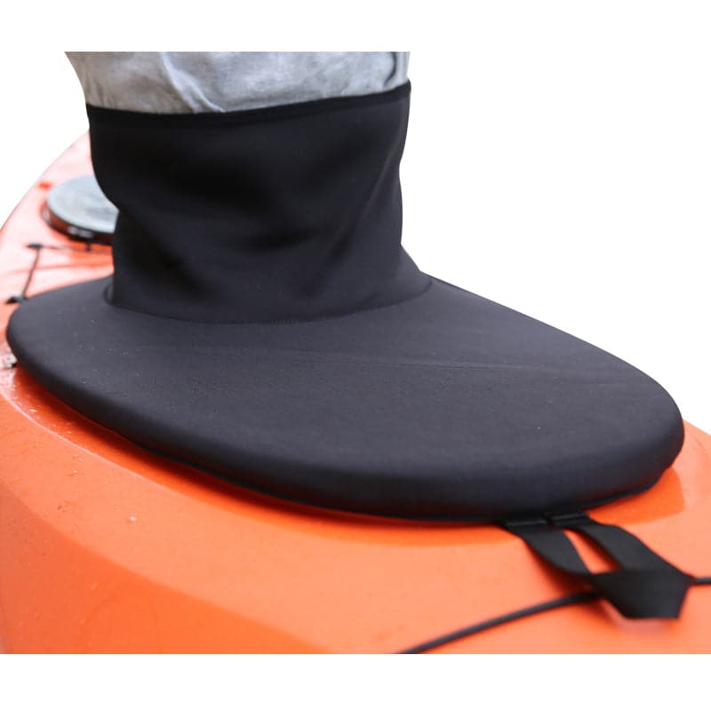 The black ZJ High Performance Waterproof Spray Skirt by ZJ SPORT, crafted from SBR diving fabric, securely attaches to an orange kayak cockpit. Its tunnel fits snugly around the waist with a rubber rand seal to prevent water entry.