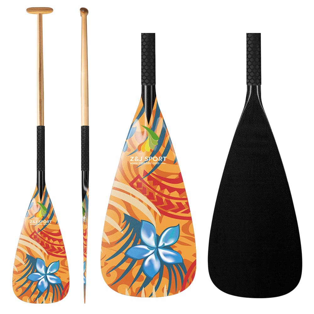 The ZJ SPORT Hybrid Outrigger Canoe Steering Paddle set includes four paddles with bamboo handles, vibrant floral designs in orange, red, and blue, textured grips, and ZJ SPORT branding. These paddles combine traditional style with modern craftsmanship for an exceptional waka ama experience.