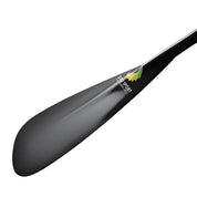 Close-up of the sleek, textured ZJ Full Carbon Outrigger Canoe Steering Paddle in black, featuring a colorful ZJ SPORT logo near the ergonomic palm handle. The paddles pointed tip is ideal for water sports enthusiasts.