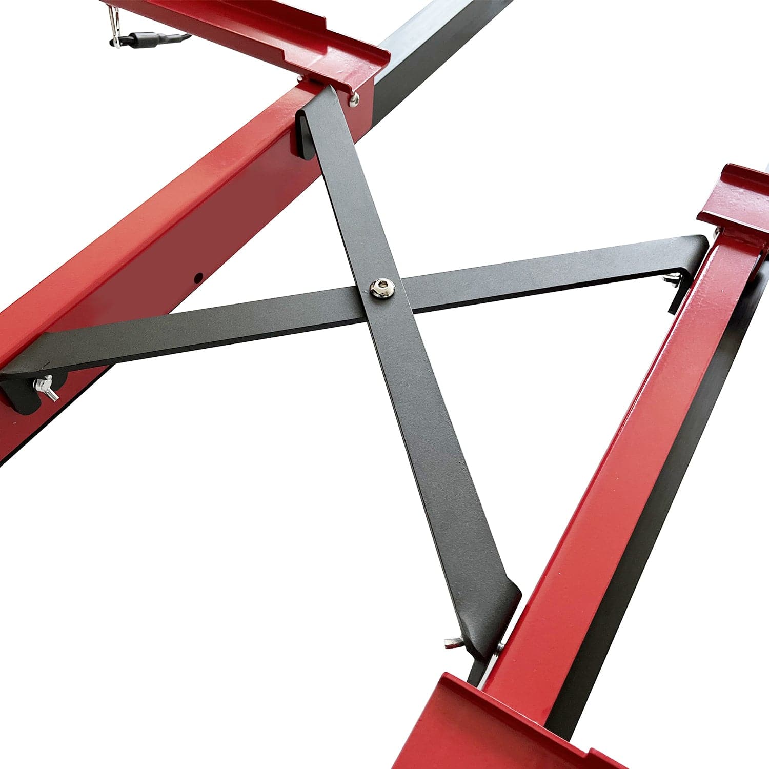Close-up of ZJ SPORTs red metal frame with black diagonal brace in an X shape, showcasing the robust construction and connection points of high-quality steel pipes. This is part of the ZJ Updated New Sliding Base For Indoor Rowing Machine (2pcs/set, MOQ:5 sets).