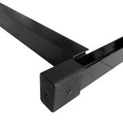 Close-up of intersecting black metal beams from the ZJ Updated New Sliding Base for Indoor Rowing Machine. The left beam features a capped square end, while the right has an open visible edge. Made from high-quality steel pipes, their glossy surfaces reflect light beautifully by ZJ SPORT.
