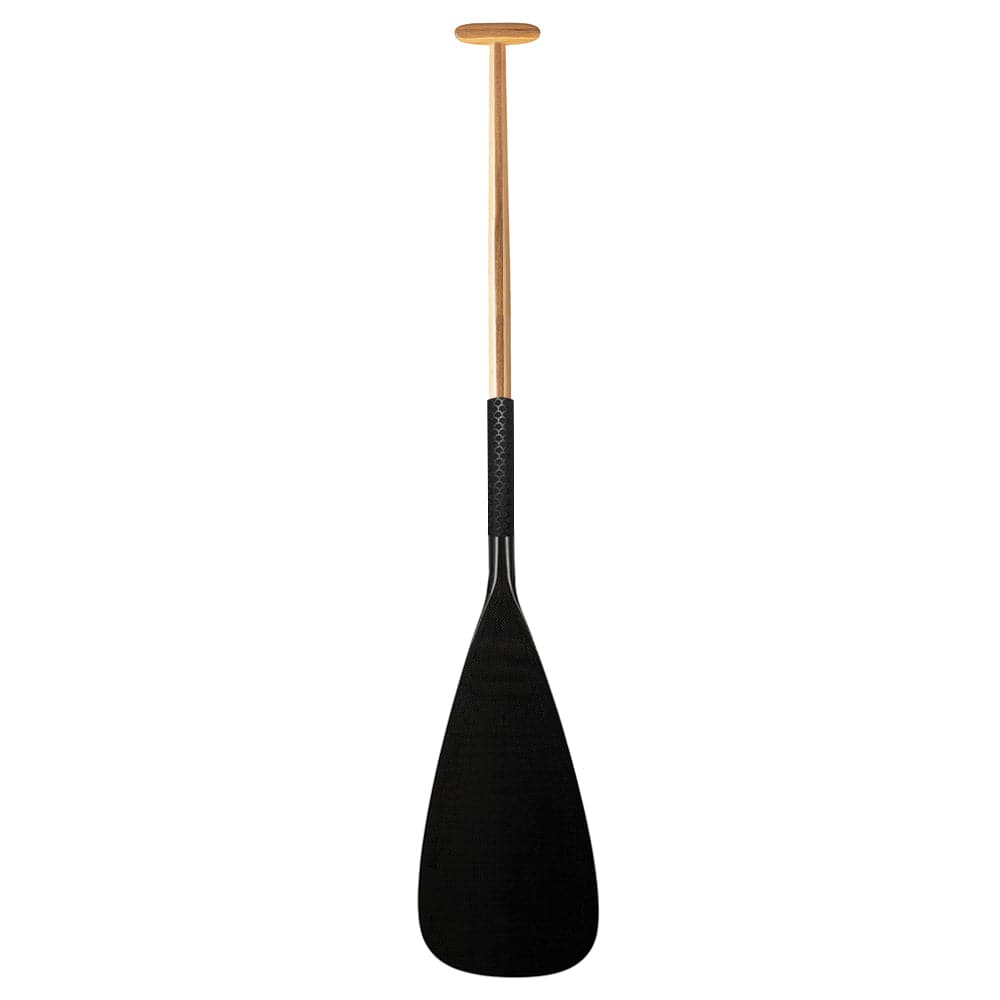 The ZJ SPORT ZJ Hybrid Outrigger Canoe Steering Paddle combines a handcrafted wood shaft with a black carbon blade, featuring a T-shaped handle and anti-skid grip, perfect for waka ama paddlers.