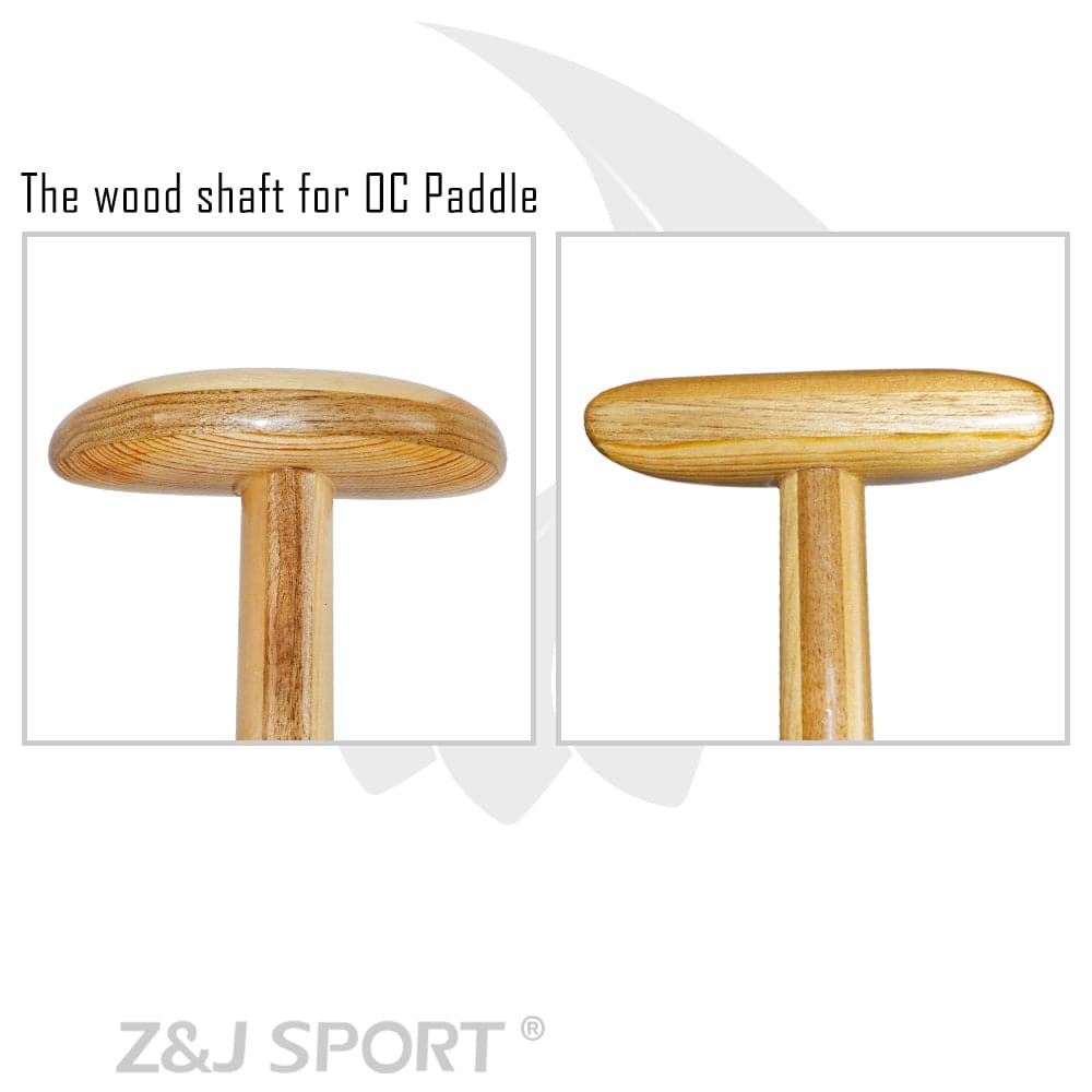 Two close-up images show the ZJ SPORT Hybrid Outrigger Canoe Steering Paddles wooden shaft. The left image presents a front view, while the right displays a side view, highlighting the smooth wood grain. Above, text states Handcrafted wood shaft for waka ama paddles.