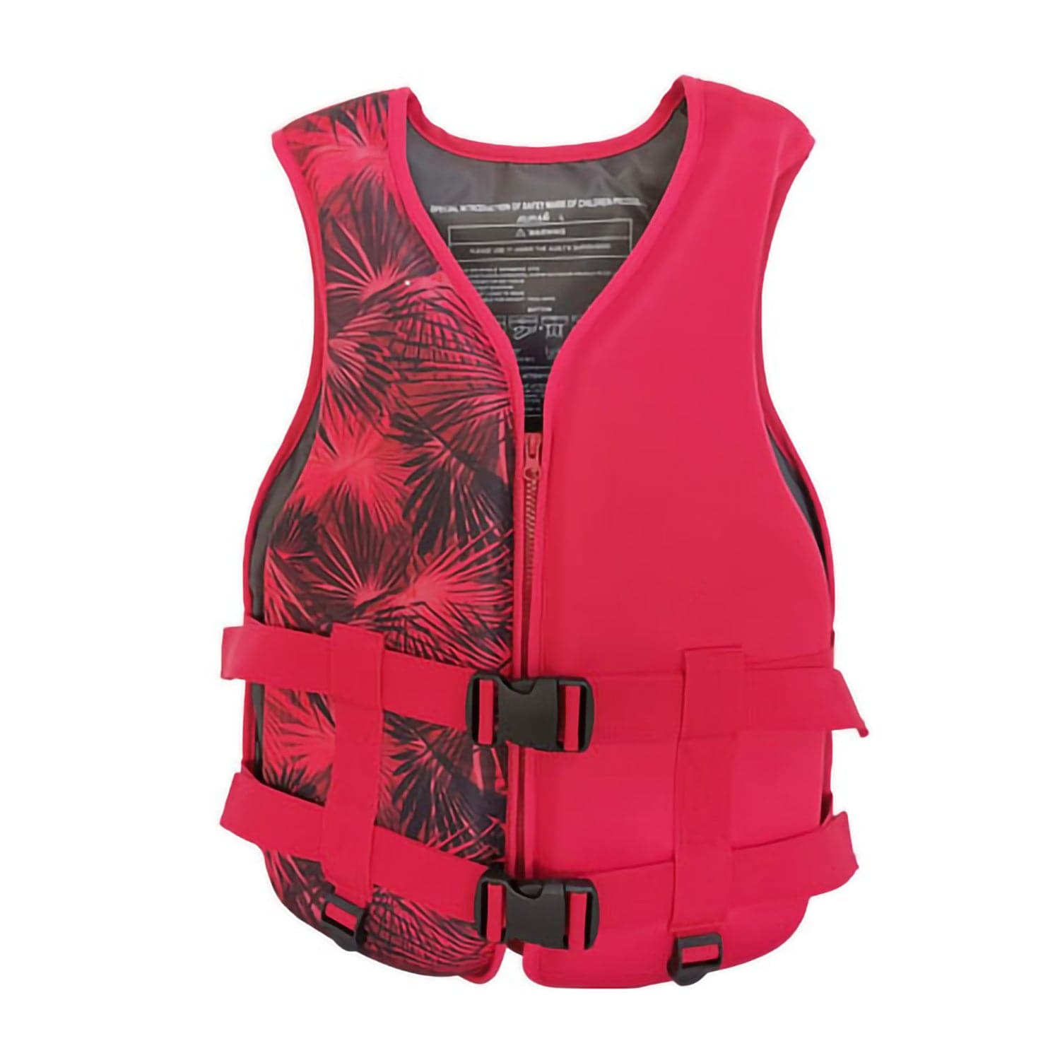 The ZJ SPORT Neoprene Life Vest features a vibrant pink color with black palm leaf side patterns, complete with a front zipper and two adjustable buckle straps for secure fastening.