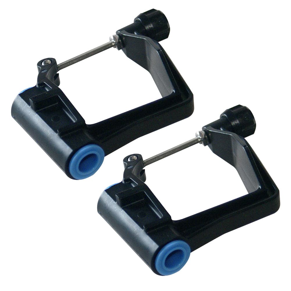 Two ZJ SPORT black and blue plastic suitcase replacement wheels with metal rods and screws resemble sculling oars in motion; positioned side by side, they angle slightly upward with the blue wheels facing forward.