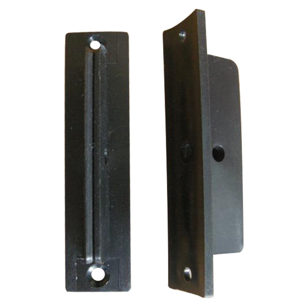Two black number holders for rowing boats by ZJ SPORT, shown side by side. One lies flat, displaying a grooved surface and end mounting holes, akin to maintaining a boats rhythm. The other stands upright, showcasing its flat and slightly curved sides.