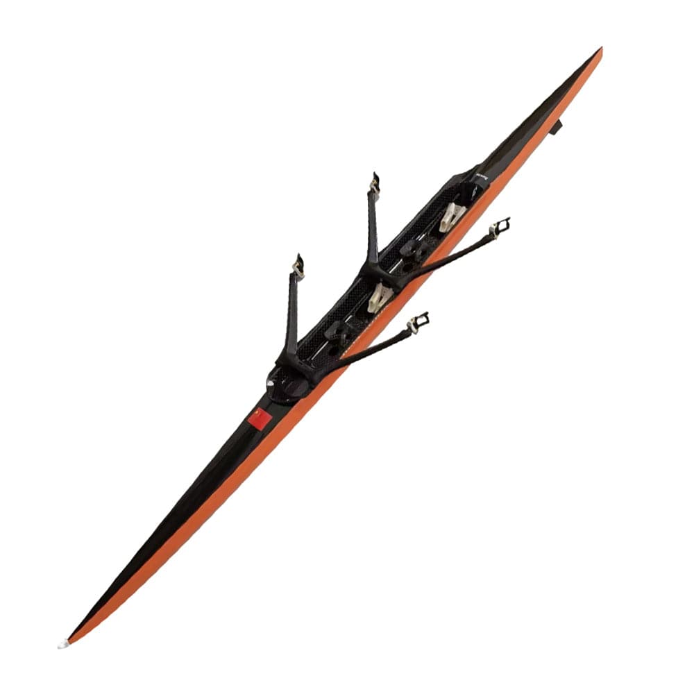 Orange and black ZJ Handcrafted Rowing Boat Model Miniatures by zijie, featuring oarlocks and footrests, resemble sleek two-person rowing shells, viewed from above at an angle on a white background.