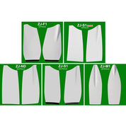Image of five pairs of ZJ SPORTs ZJ Blade For Sweep Oars (1 pair) against a green background, labeled: ZJ-F1 (275mm), ZJ-S1 Thick (275mm), ZJ-ND (263.5mm), ZJ-S1 (263.5mm), and ZJ-M1 (263.5mm).