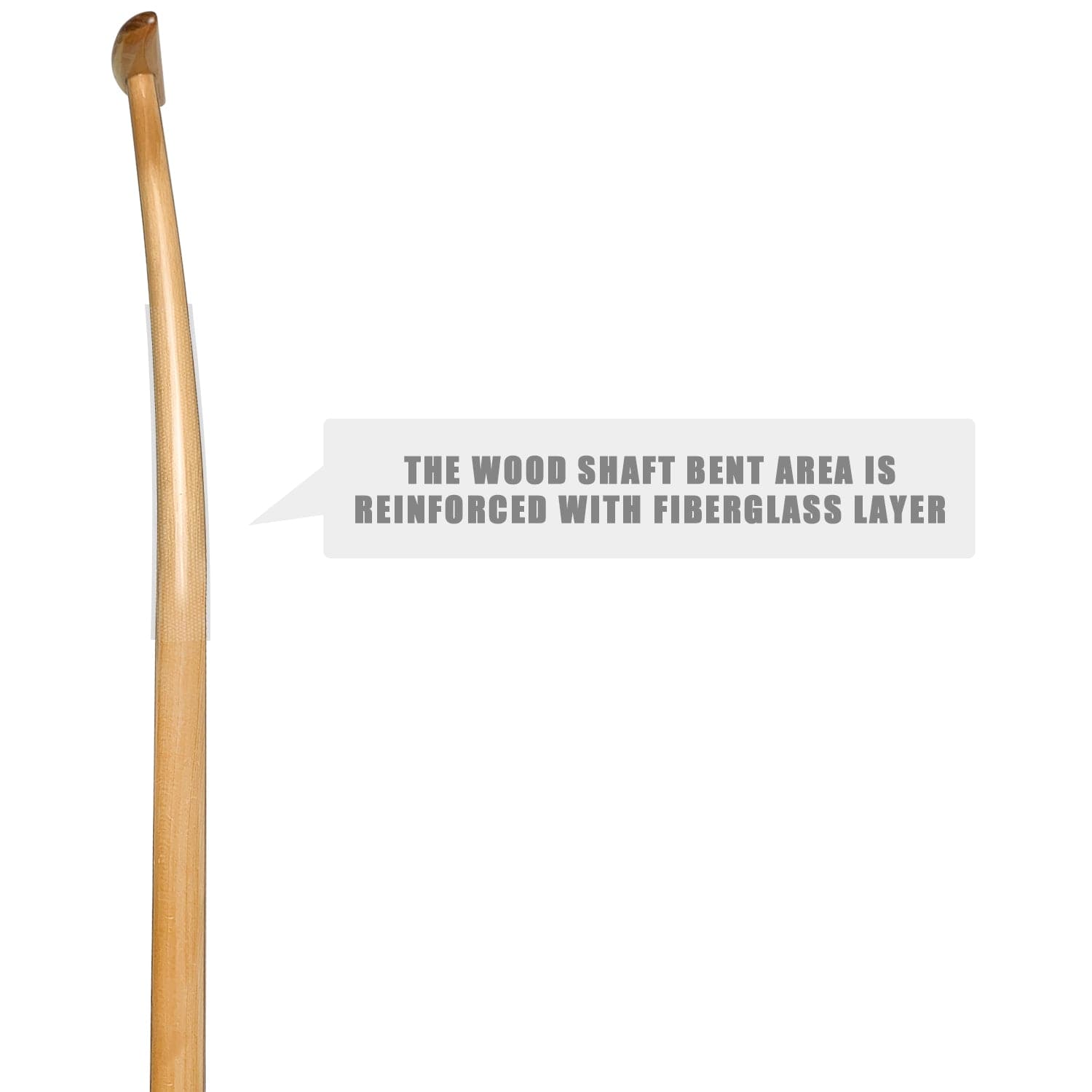 The image displays a ZJ SPORT handcrafted wood shaft cane with a curved handle. Text reads: The upper bent area is reinforced with fiberglass. The plain white background highlights expert craftsmanship, akin to creating the ZJ Hybrid Outrigger Canoe Paddle.