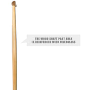 A wooden shaft with a knob is shown, accompanied by a text bubble: The handcrafted ZJ Hybrid Outrigger Canoe Steering Paddle shaft by ZJ SPORT is reinforced with fiberglass and features an anti-skid grip.