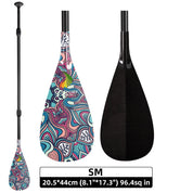 A pair of ZJ SPORT SZ 3-piece carbon SUP paddles, size SM, sits together. The left paddle displays vibrant abstract designs, while the right is sleek black. They measure 20.5*44cm (8.1*17.3) with a 96.4 sq in area and offer adjustable lengths for a perfect fit—a stunning SUP duo.