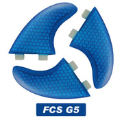The ZJ SPORT ZJ Fins for Supboard feature a blue honeycomb pattern, designed to enhance your wave-riding skills. Arranged in a circle, they display FCS G5 in white text against the blue background, with free shipping included.