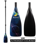 Image of a ZJ 3-Piece Carbon SUP Paddle by ZJ SPORT featuring a galaxy design and planets. Its adjustable, measuring 16.7 x 44.5cm (6.57 x 17.5) with an area of 84.5 sq in.