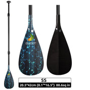 The ZJ SPORT Carbon SUP paddle features a black blade with a blue circuit pattern, green/yellow flame logo, and Z&J SPORT branding. Made from carbon fiber, it measures 20.5x42 cm and offers adjustable length for optimal performance across 88.6 sq in.