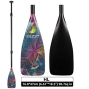 The ZJ SPORT ZJ 3-Piece Carbon SUP Paddle features a floral design on its carbon fiber blade. It has an adjustable length, shown fully extended, with visible dimensions and logo. The black textured handle ensures a firm grip.