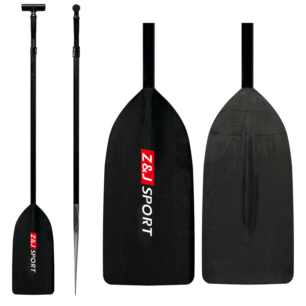 Two black ZJ SPORT flatwater canoe paddles, with red and white branding, feature one handle and textured blades. Made from high-quality carbon fiber, these unassembled paddles are perfect for water sports enthusiasts.