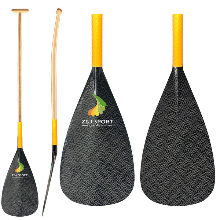 ZJ New Hybrid Outrigger Canoe Paddle With Carbon Blade And Upper Bent Wood Shaft With Anti Skid Grip