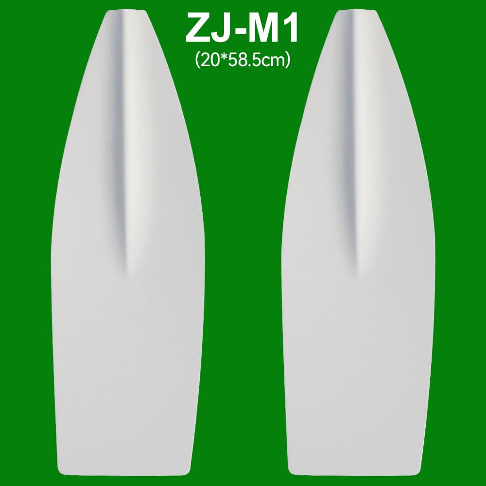 A pair of white plastic blades, product name ZJ Blade For Sweep Oars, from the brand ZJ SPORT, labeled ZJ-M1 (20*58.5cm), displayed on a green background.
