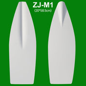 Two white ZJ SPORT surfboard fins with model name ZJ Blade For Sweep Oars and dimensions 20x58.5cm are displayed on a green background, shown from front and side angles.