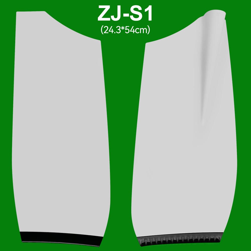 On a green background, two white fabric pattern pieces labeled ZJ-S1 (24.3*54cm) appear. One piece is larger with black bottom edges; the other piece is slightly folded with jagged bottom edges. The product is ZJ Blade For Sweep Oars (1 pair) by ZJ SPORT.