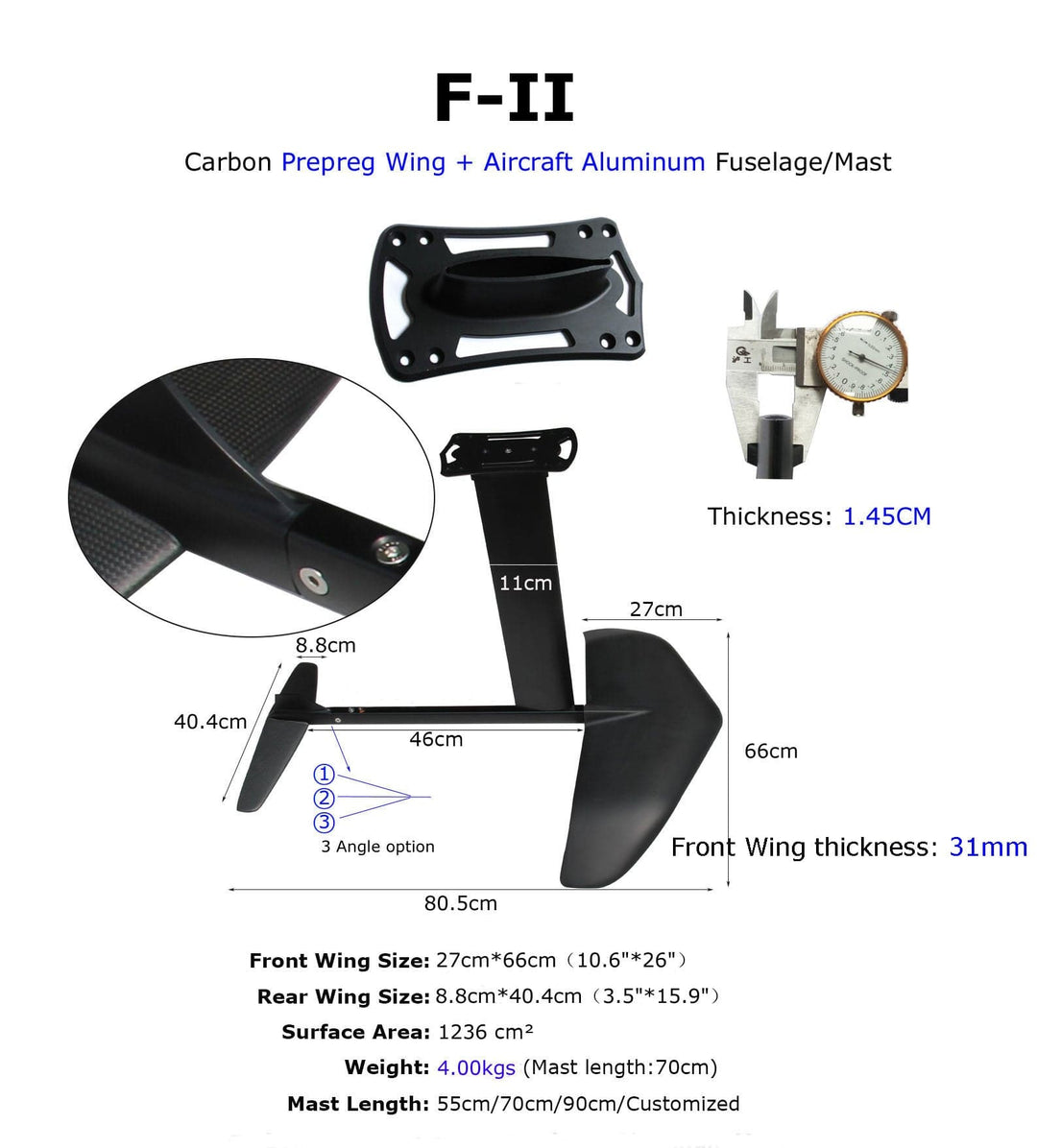 ZJ Carbon Hydrofoil para SUP Paddle Board Foil F-II com asas de carbono e mastro de alumínio