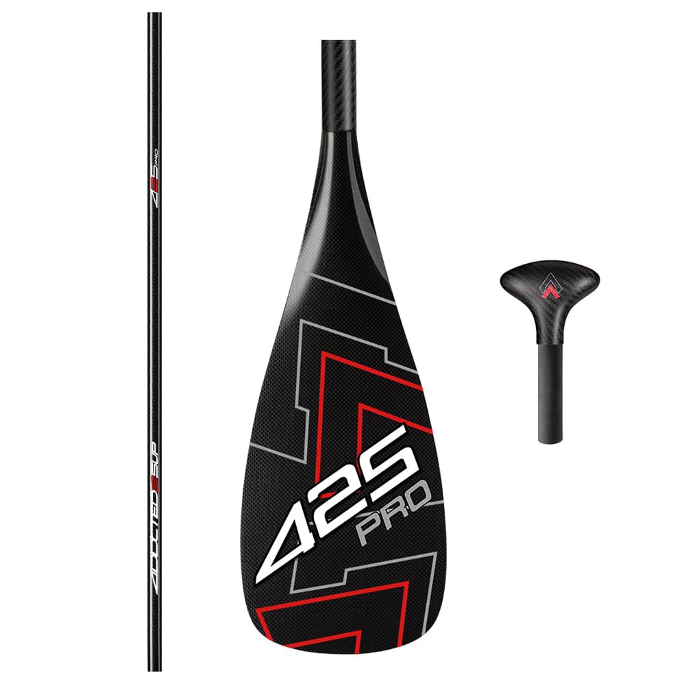 Close-up of a ZJ SPORT 425Pro carbon SUP paddle with MOANA blade, high modulus black carbon tapered shaft, and red geometric accents. The image showcases the lightweight unassembled paddle in three views: full shaft, blade, and T-shaped handle grip.