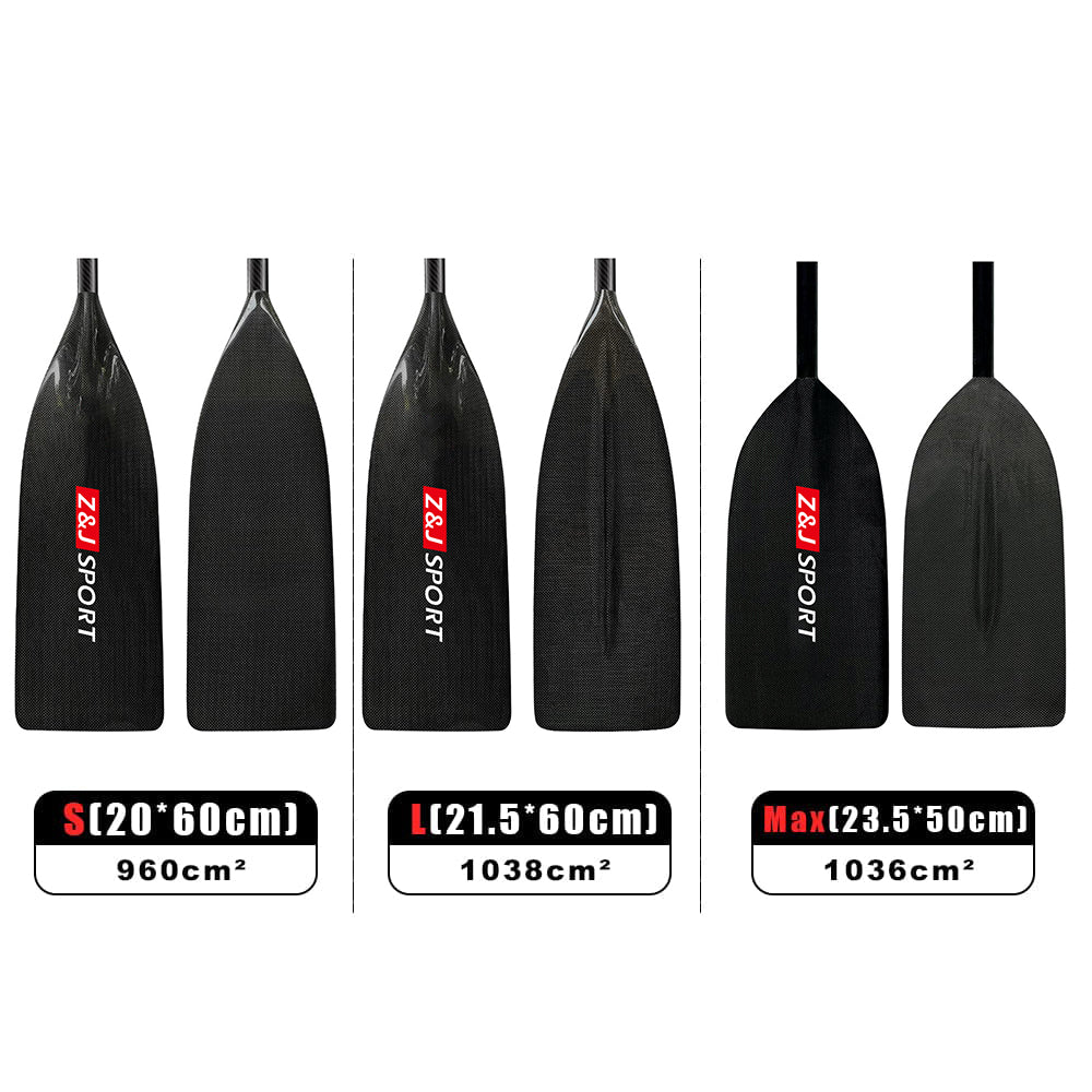 Four sleek black ZJ Full Carbon Fiber Flatwater Canoe Paddles are on display, crafted with cutting-edge carbon fiber. Labeled S (960cm²), L (1038cm²), and Max (1036cm²), each features the ZJ SPORT logo in red and white, perfect for flatwater canoe adventures.