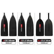 Four sleek black ZJ Full Carbon Fiber Flatwater Canoe Paddles are on display, crafted with cutting-edge carbon fiber. Labeled S (960cm²), L (1038cm²), and Max (1036cm²), each features the ZJ SPORT logo in red and white, perfect for flatwater canoe adventures.