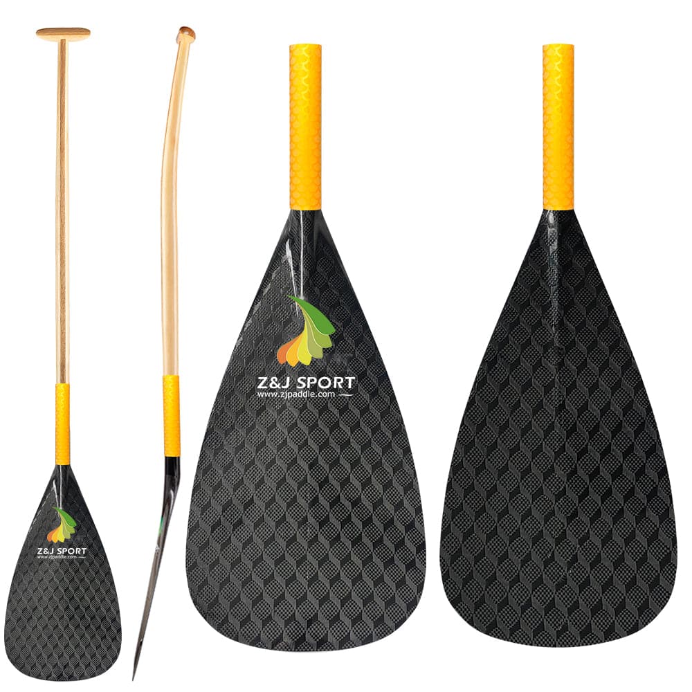 Three images feature the ZJ SPORT New Hybrid Outrigger Canoe Paddle, each with a unique angle. The paddles have a fiberglass shaft, black textured carbon blade displaying a logo and website, and a yellow anti-skid grip against a white background.