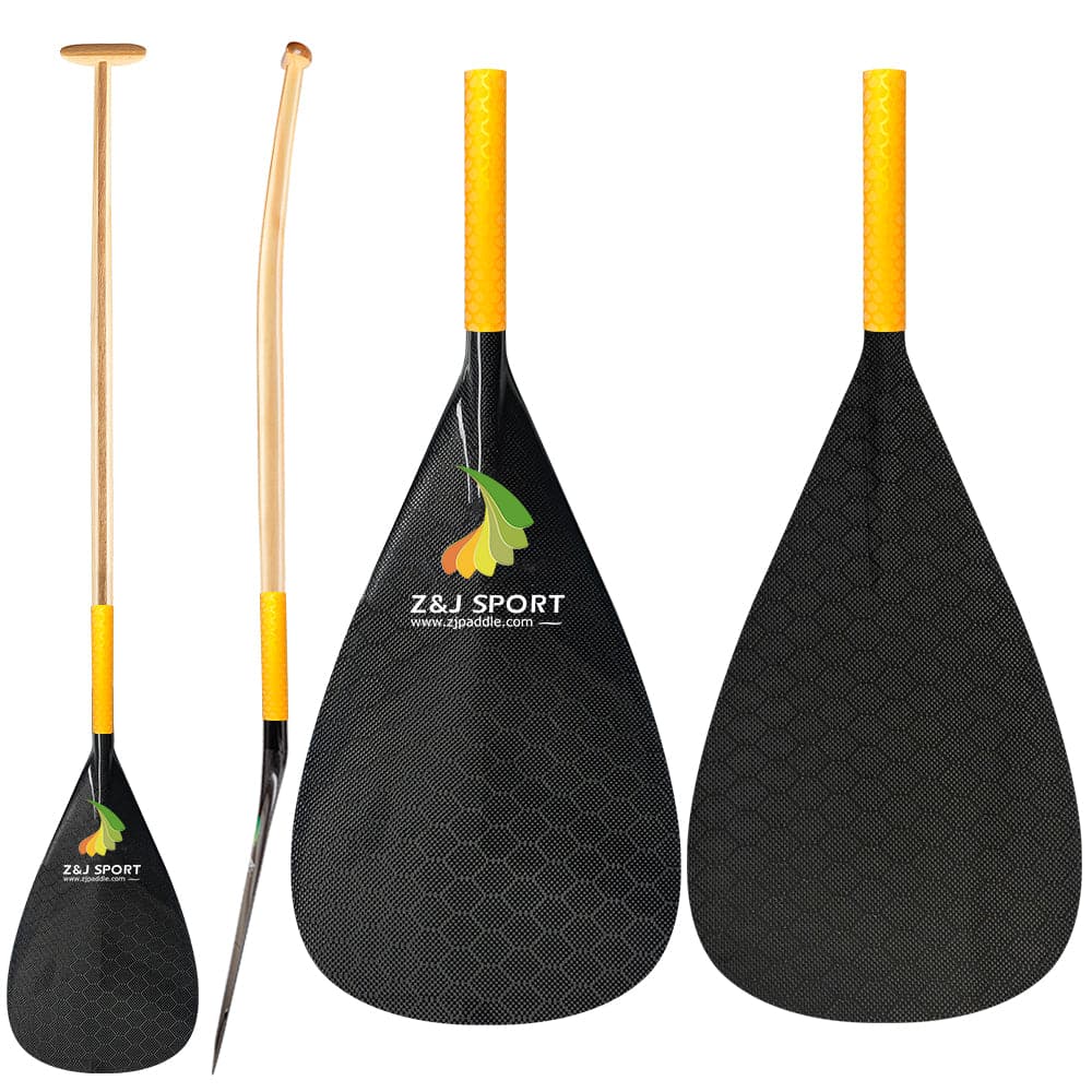 ZJ New Hybrid Outrigger Canoe Paddle With Carbon Blade And Upper Bent Wood Shaft With Anti Skid Grip
