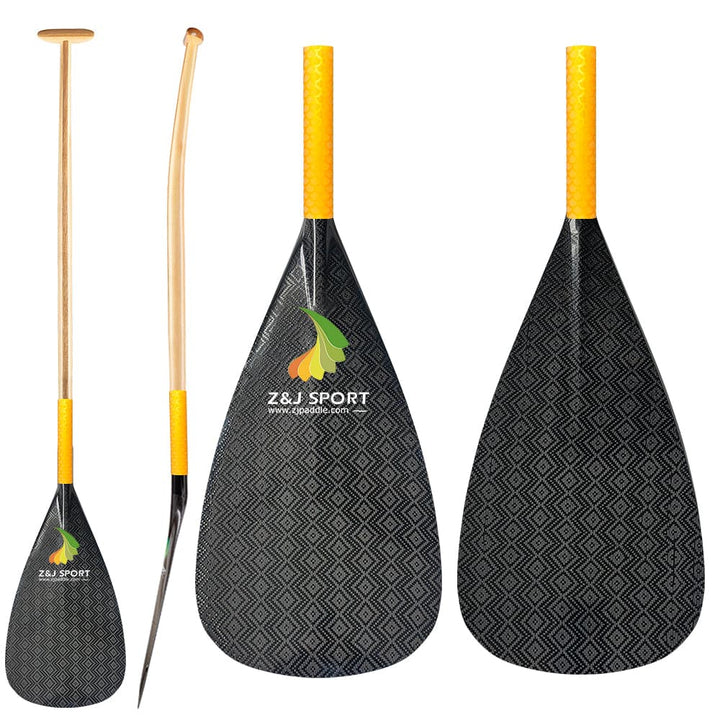 ZJ New Hybrid Outrigger Canoe Paddle With Carbon Blade And Upper Bent Wood Shaft With Anti Skid Grip